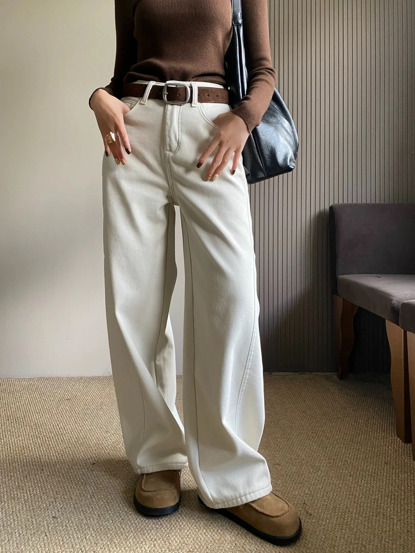 7181-弯刀牛仔裤女2025秋冬加绒新款高腰宽松显瘦阔腿裤