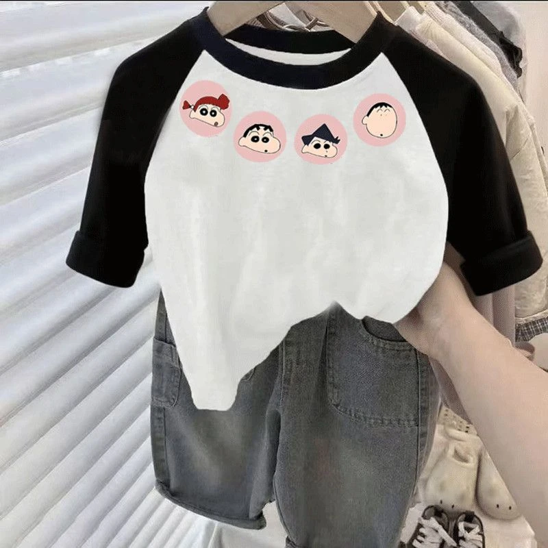 100纯棉儿童圆领宝宝t恤长袖春秋季新款男女童卡通拼色百搭款上衣