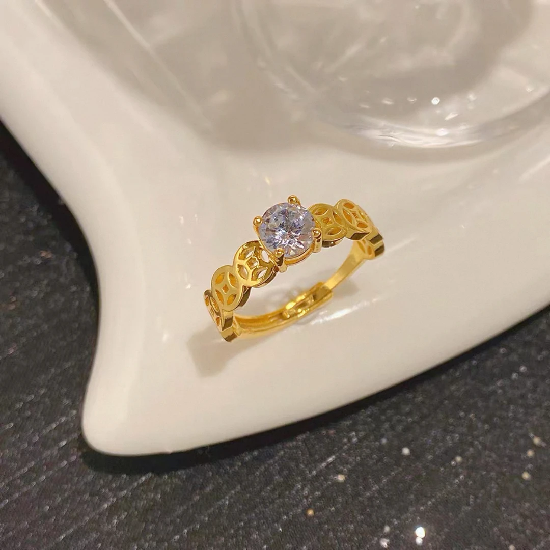 合金合成锆石戒指 4177合金高定镂空铜钱爆闪单锆开口戒指