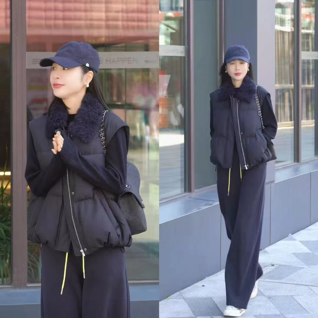 （小雨推荐1519）冬季领型加绒加厚款衣长方领马夹马甲女士套装秋冬