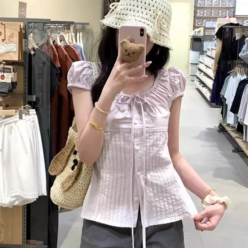 紫色泡泡袖短袖衬衫女夏2025新款设计感绑带衬衣宽松遮肉显瘦上衣