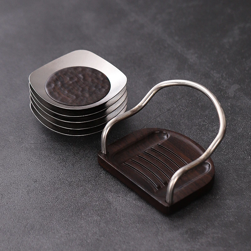 钛杯垫功夫茶杯垫实木高档轻奢茶道隔热茶杯垫茶托黑檀木杯托套组