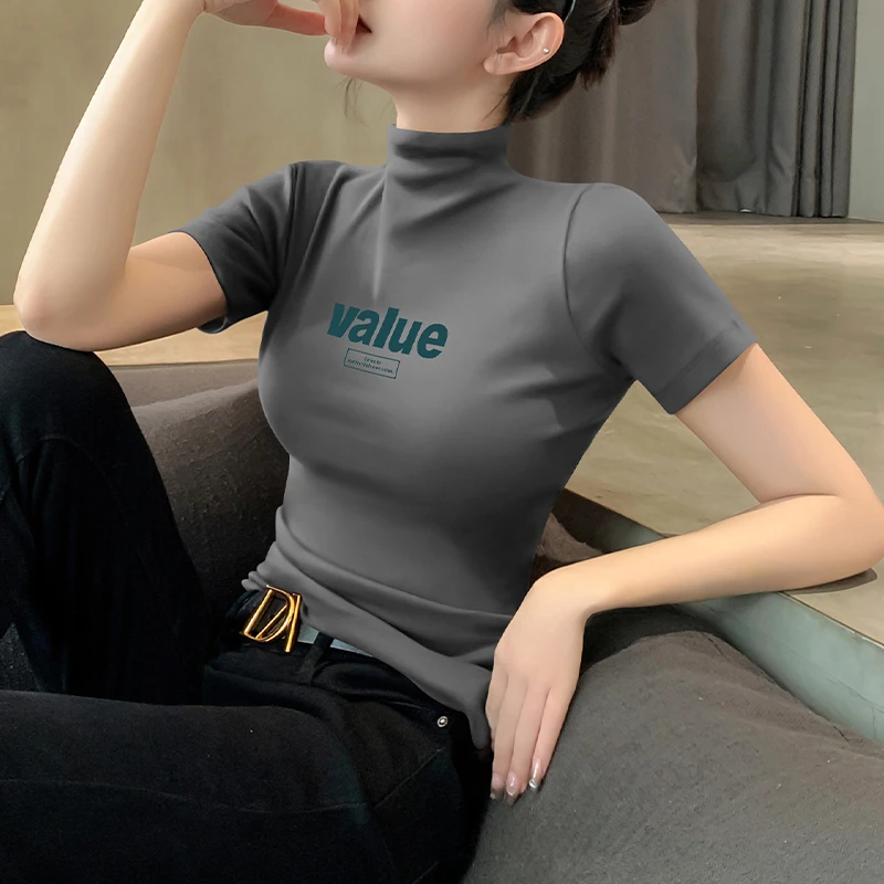 莫代尔半高领短袖女t恤春夏2025新款修身内搭印花半袖打底衫上衣