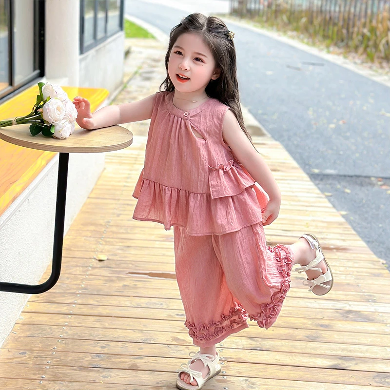 女小童荷叶边无袖套装2025夏季新款女孩洋气时髦休闲阔腿裤两件套