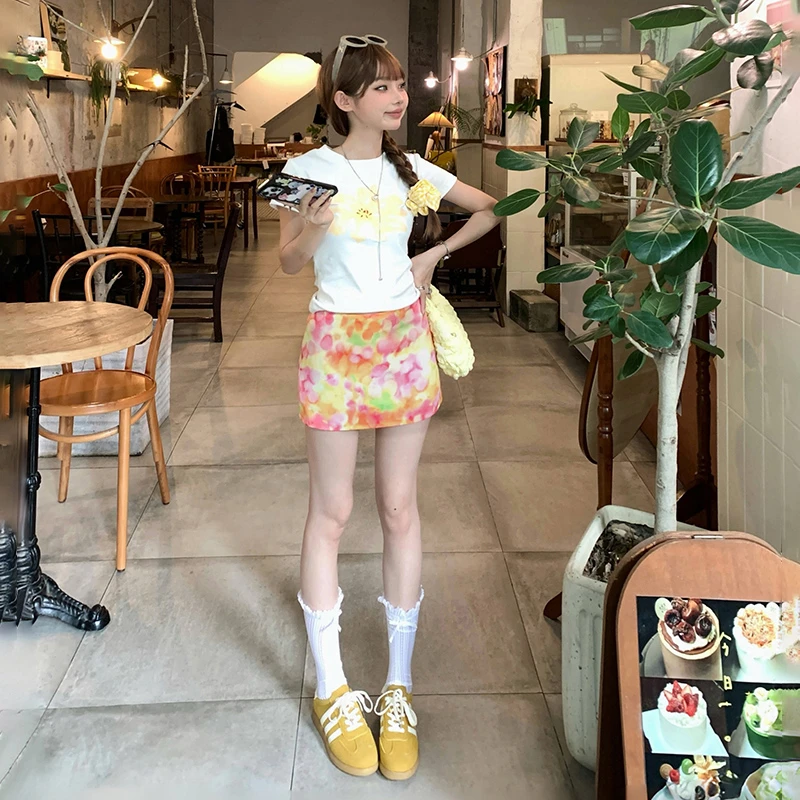 美式复古低腰辣妹碎花短裙包臀a字裙修身百搭彩色花卉半身裙夏