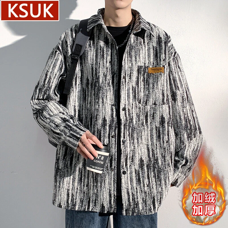 KSUK扎染加绒加厚外套男冬季潮牌高级感痞帅复古宽松翻领休闲夹克