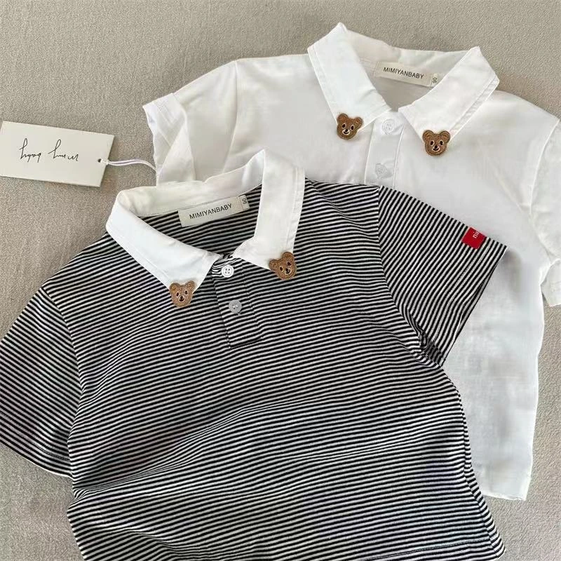 儿童POLO衫2025夏季新品男女童条纹翻领POLO衫宝宝小熊T恤