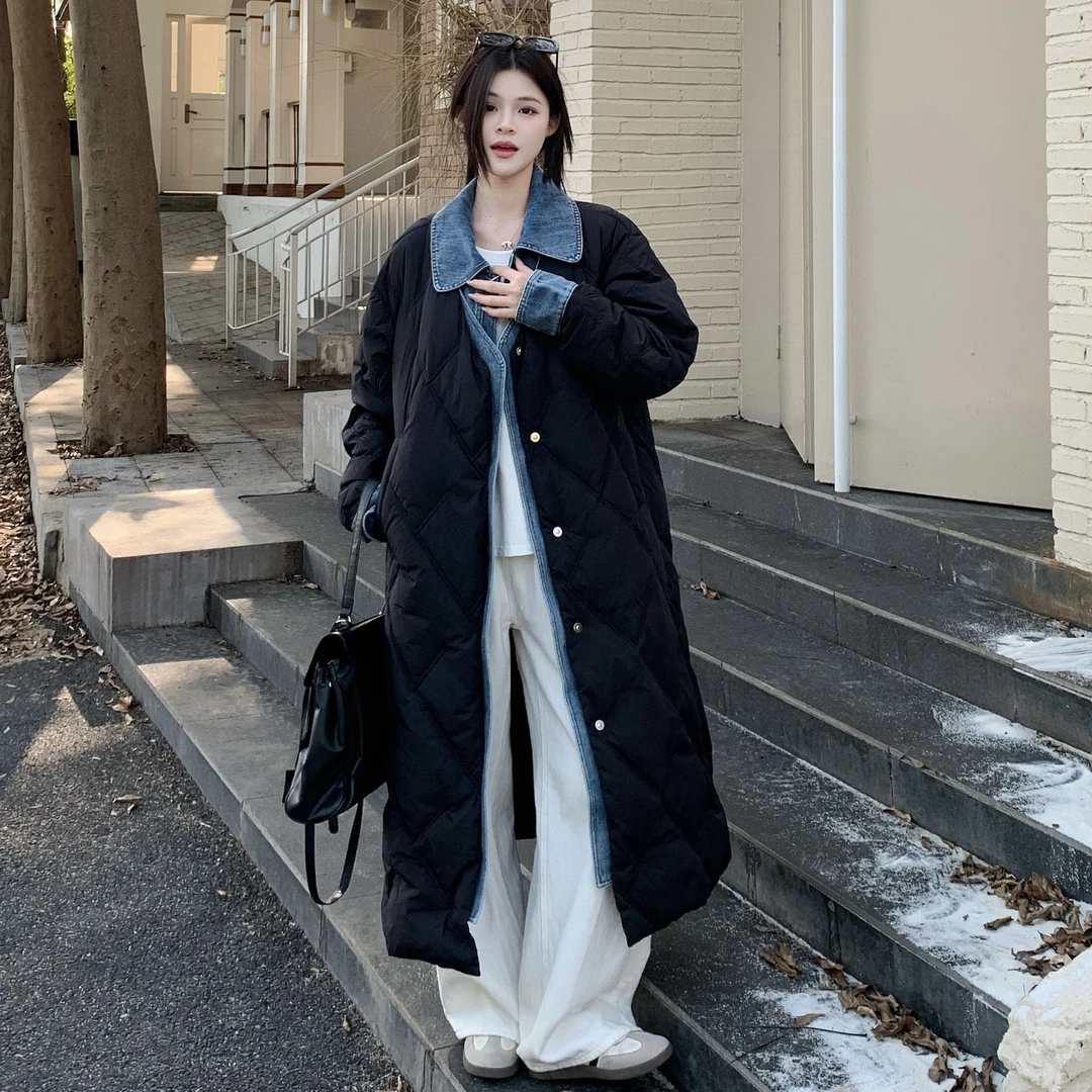 假两件拼接棉服外套2025新款冬季大码女装胖mm显瘦正肩中长款棉衣