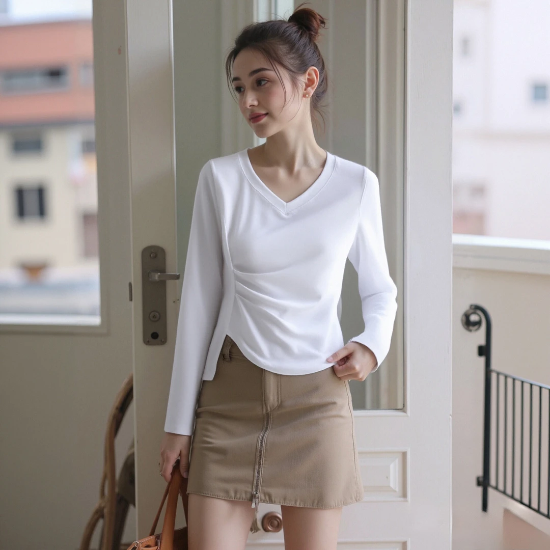 V领长袖打底衫女上衣百搭不规则褶皱早春秋季小众T恤显瘦洋气小衫