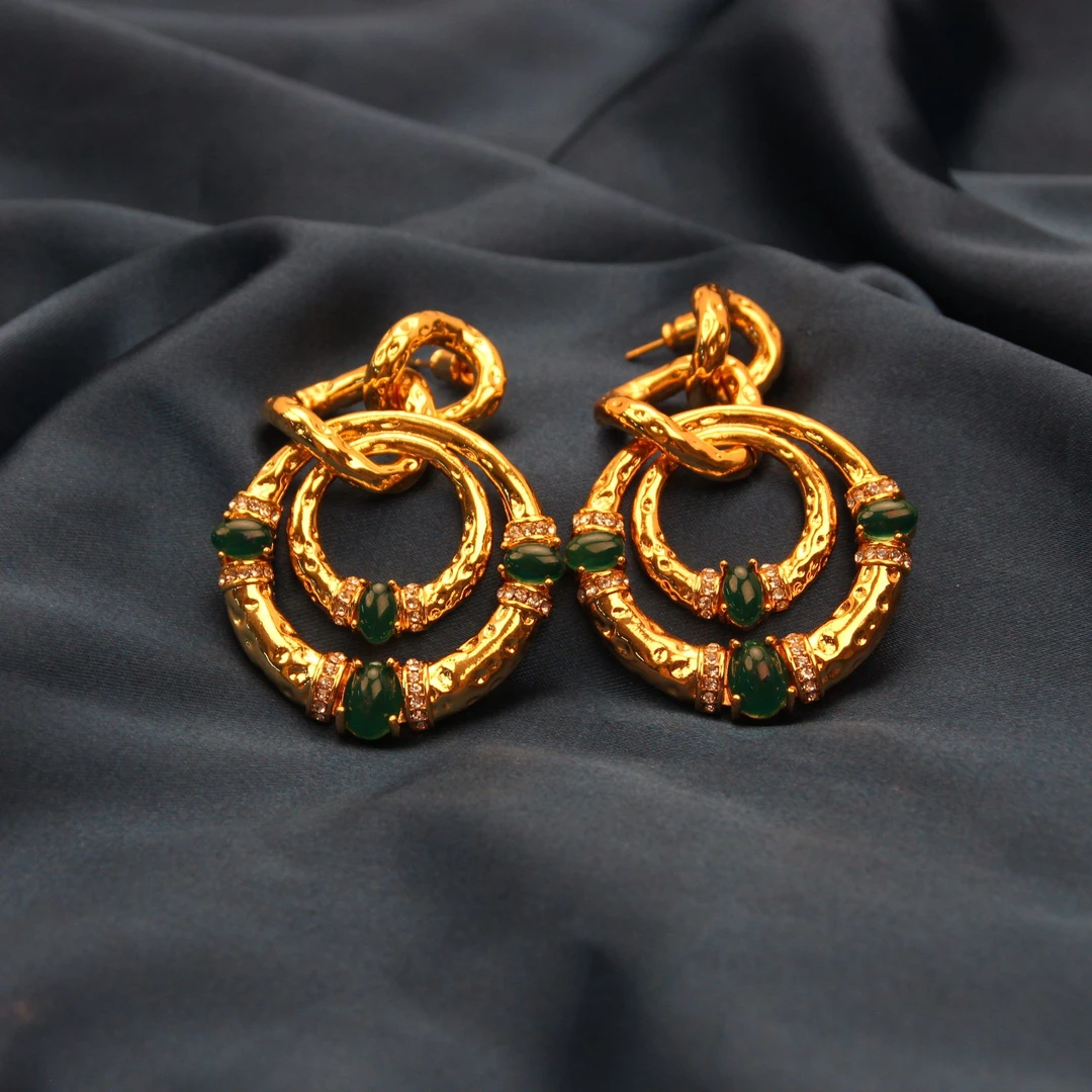 铜合金合成锆石耳饰 002中古古法手工金色复古圈圈耳饰