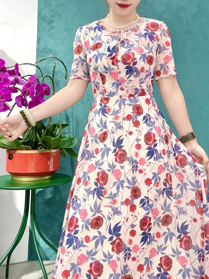 1509# 时尚洋气显白显瘦妈妈装连衣裙