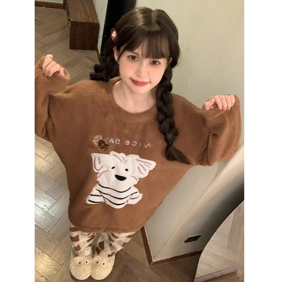 珊瑚绒秋冬季睡衣女款爆款2025新款加厚加绒半边绒甜美家居服套装