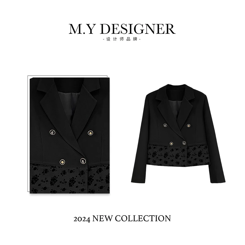 M.Y媛总  高级设计感国风植绒花卉短款西装外套800198