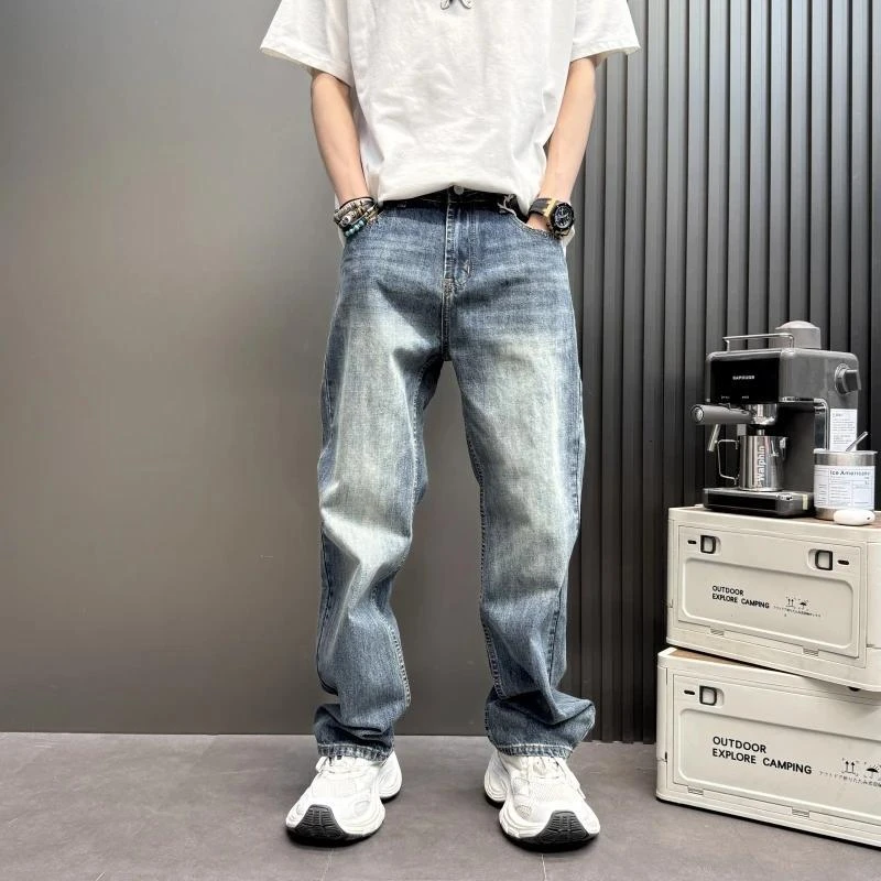 2025男士新款纯色百搭小直筒牛仔裤阔脚时尚宽松复古做旧休闲长裤