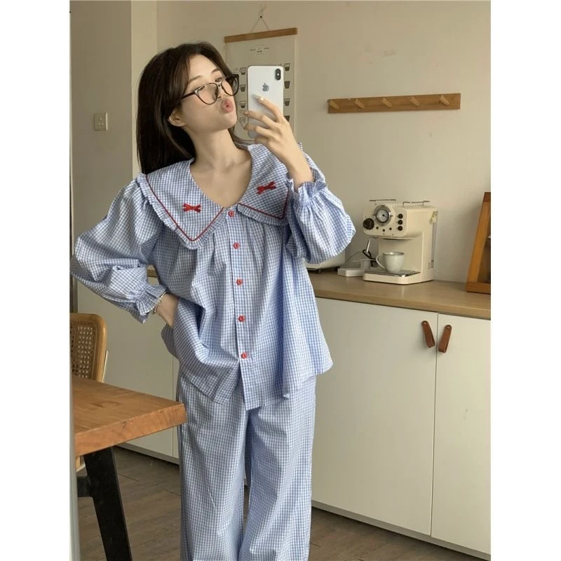 日系ins风甜美格子睡衣女夏季轻薄纯棉娃娃领短袖短裤家居服套装