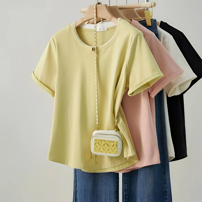 大码宽松正肩短袖T恤显瘦遮肚简约设计夏季洋气上衣