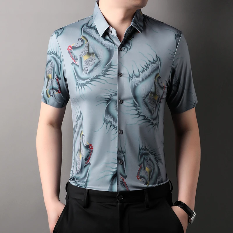 新款无痕冰丝短袖花衬衫男士宽松半袖休闲中年爸爸装碎花衬衣夏季