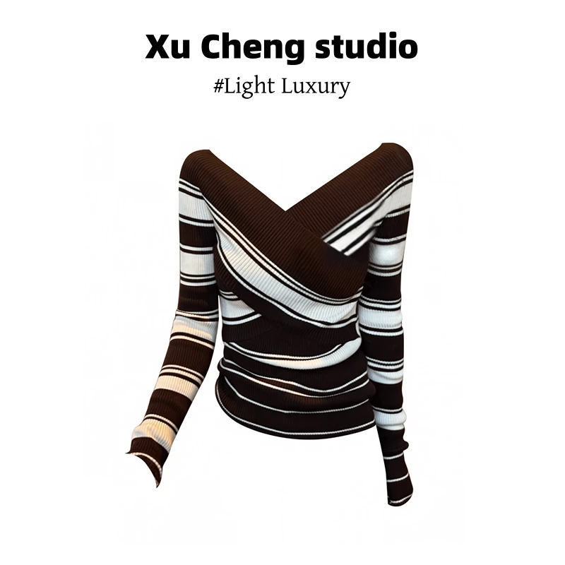 Xu Cheng条纹针织衫早秋季长袖收腰设计感韩系交叉v领打底衫上衣