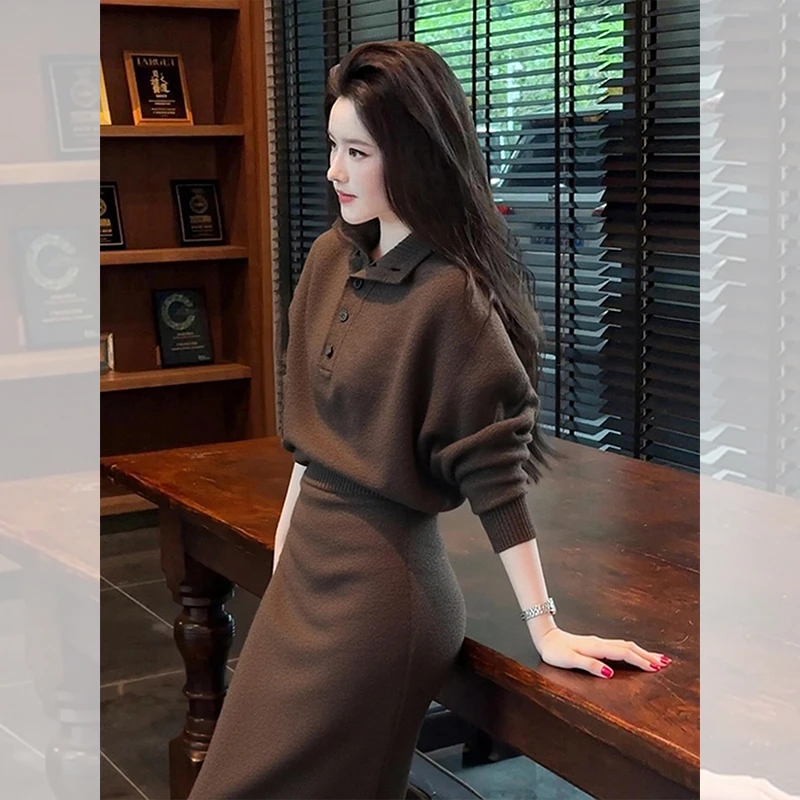 漂亮出片衣服女装秋冬季炸街一整套咖色翻领针织毛衣半身裙两件套