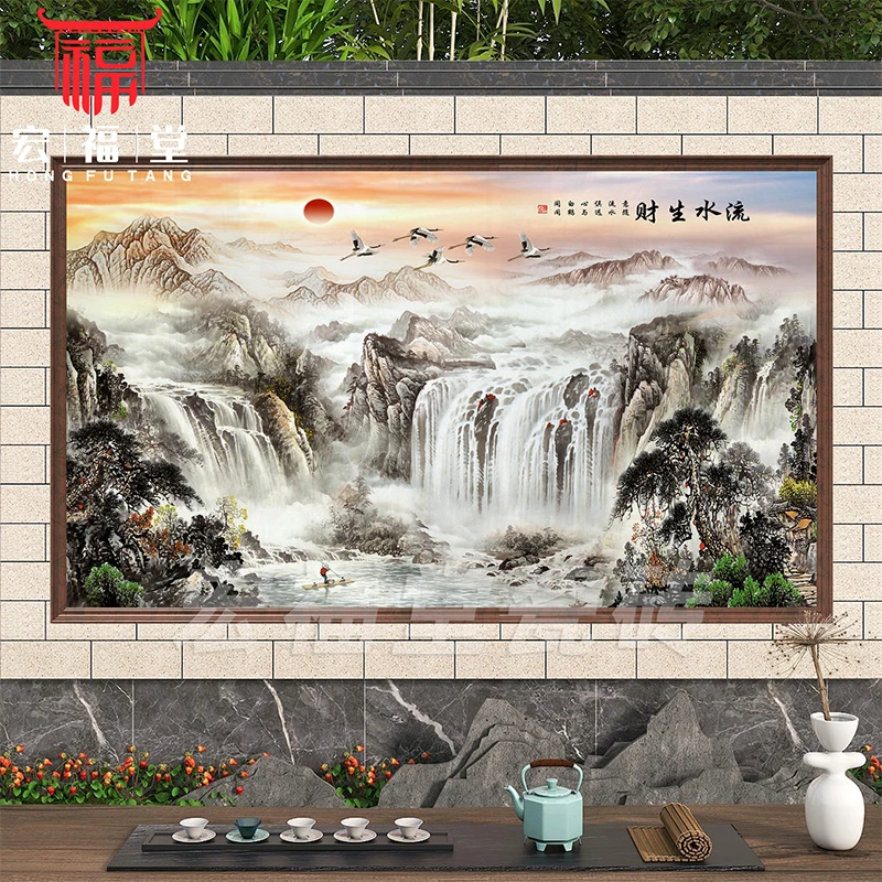 户外山水画瓷砖背景墙庭院风水图案影壁墙大门风景迎门墙流水生财