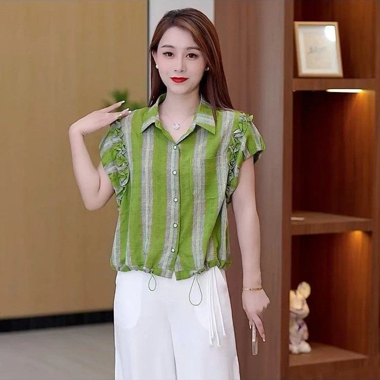 撞色竖条纹衬衫领短袖衬衫2025夏季新款显瘦气质百搭抽绳上衣
