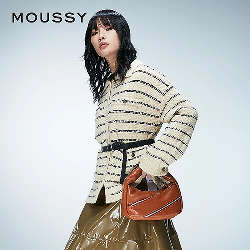 moussy 2025早秋新品摩登复古风圈圈纱条纹针织开衫028IAZ70-1030