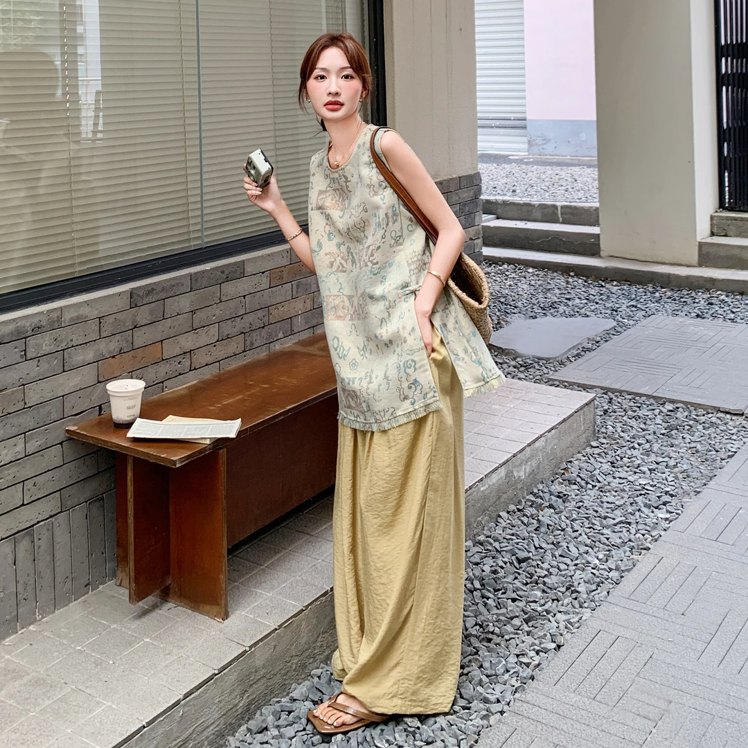 新中式复古无袖印花马甲阔腿裤套装女2025夏新款轻熟风气质两件套