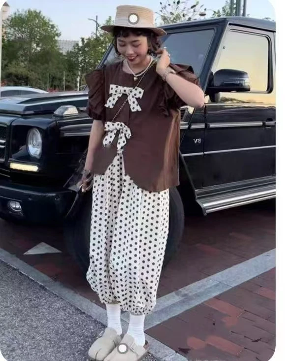 大码女装夏装套装欧货时尚洋气减龄小众不撞款波点裤子两件套女
