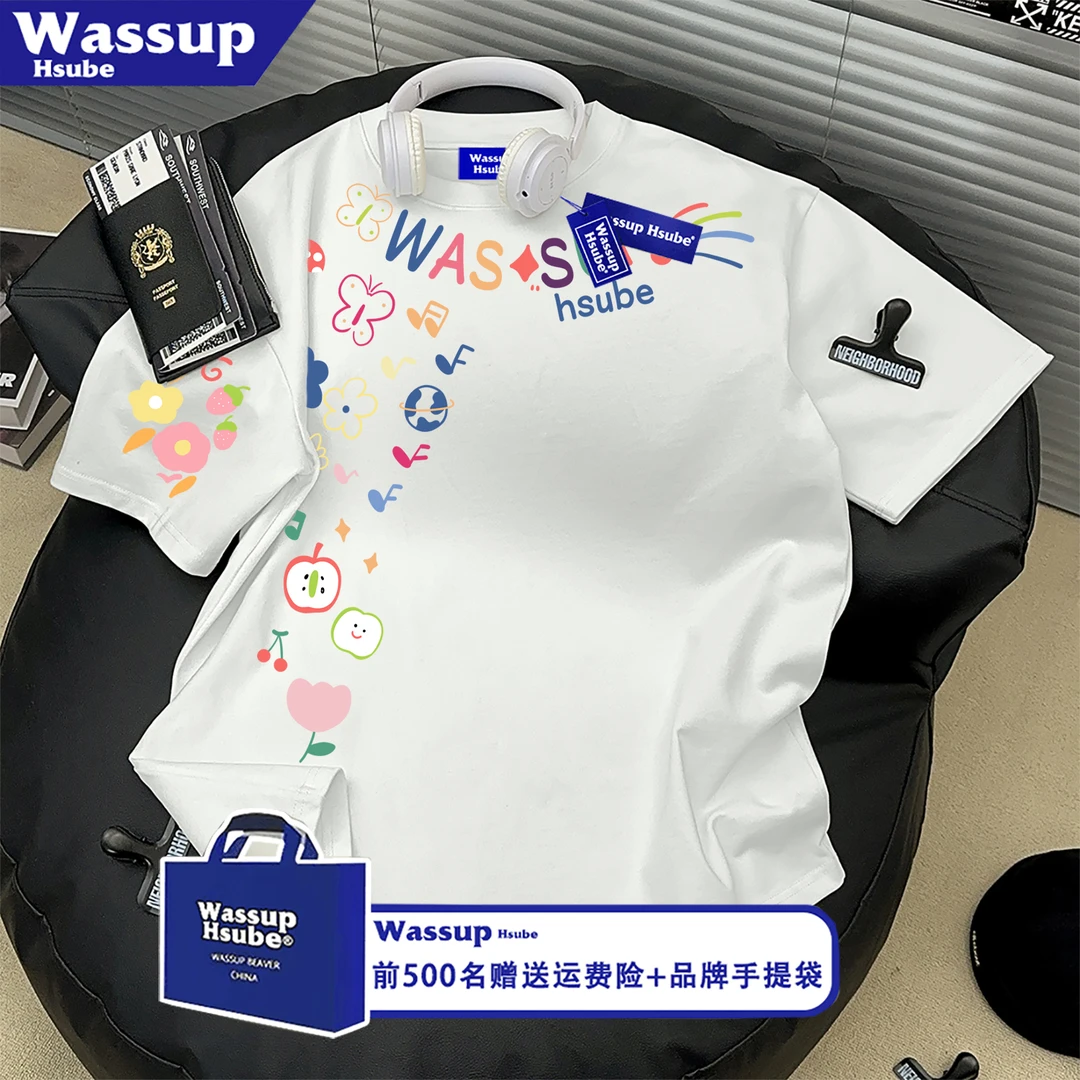 WASSUP HSUBE美式涂鸦创意印花短袖男女潮牌圆领宽松百搭半袖T恤