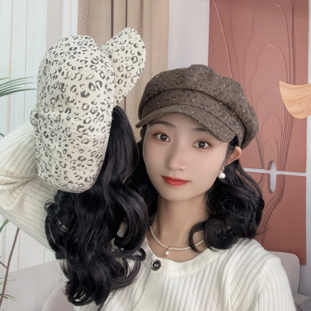 豹纹款八角帽子假发一体梨花烫女士短卷发年轻时尚减龄假发帽