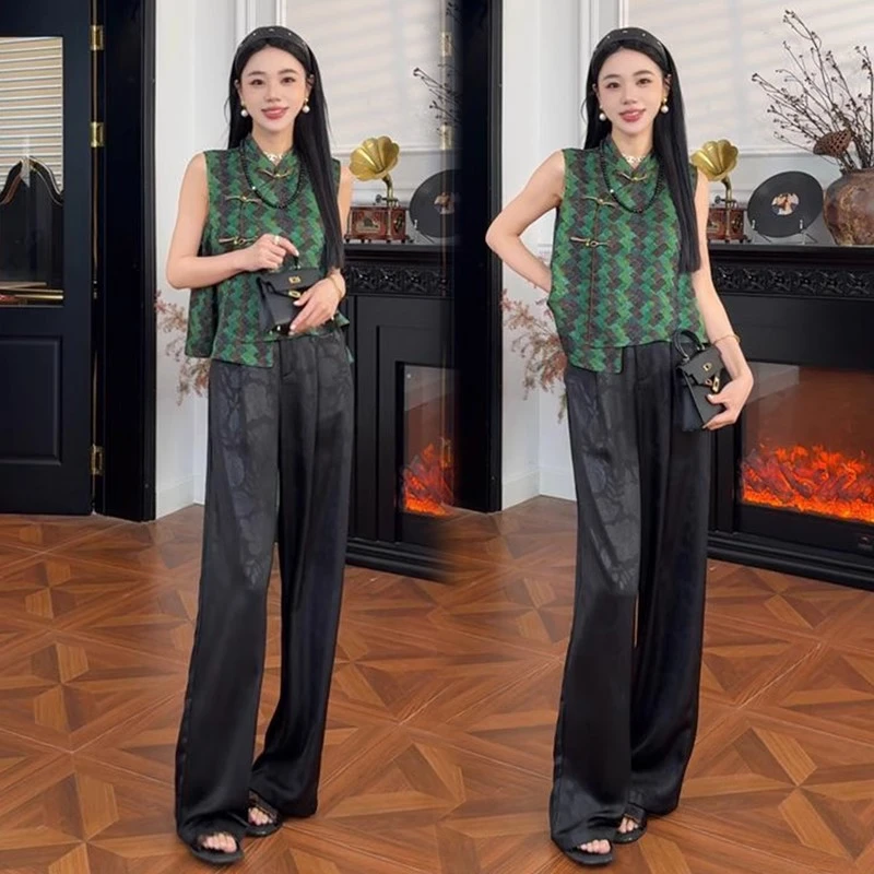 新中式国风时尚套装女2025夏季新款时髦洋气马甲上衣阔腿裤两件套