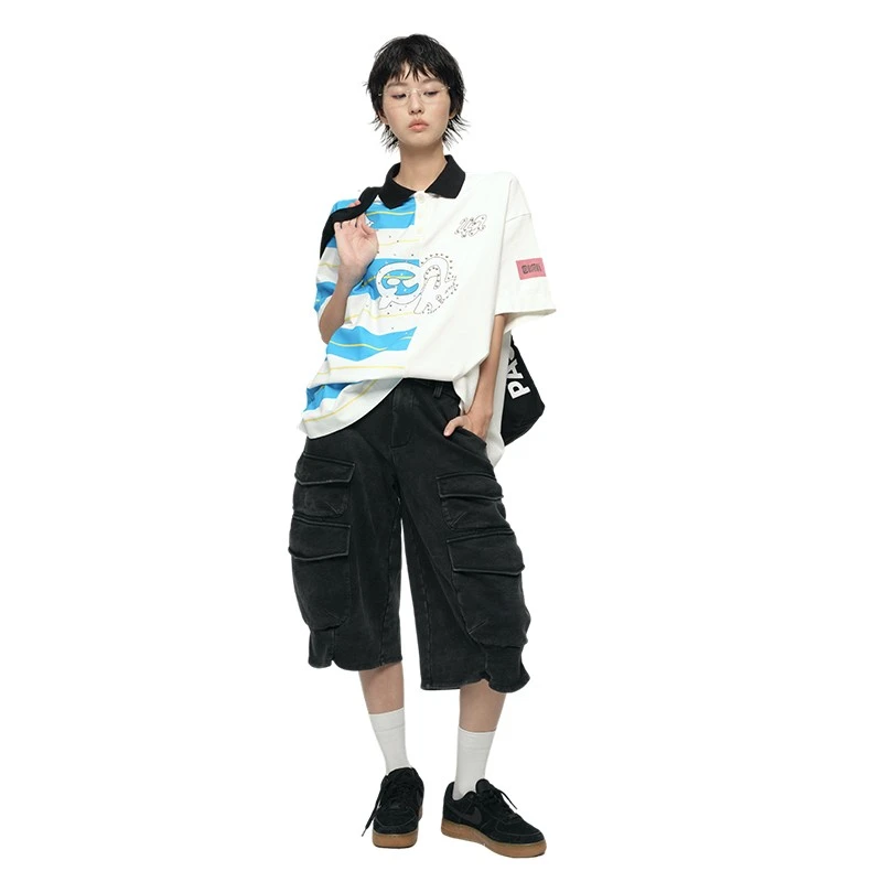 【真瑕疵】 Oink oink 撞色蓝条纹拼接polo衫翻领宽松休闲短袖上衣