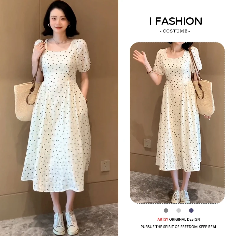 高级感方领波点短袖连衣裙女2026年夏季新款韩版百搭宽松显瘦裙子