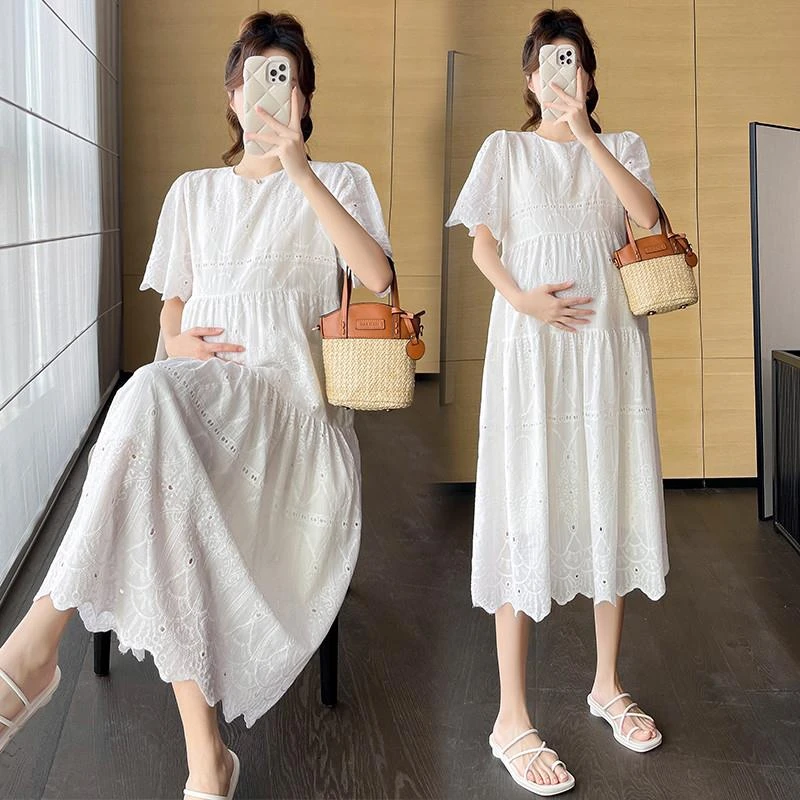 2025夏季新款韩版时尚显瘦孕妇装圆领蕾丝宽松连衣裙孕妇裙中长款