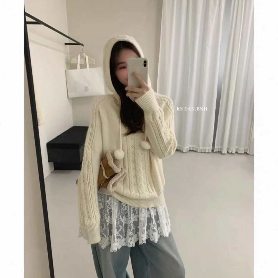 WENNI 秋冬小香风绞花毛球连帽针织衫