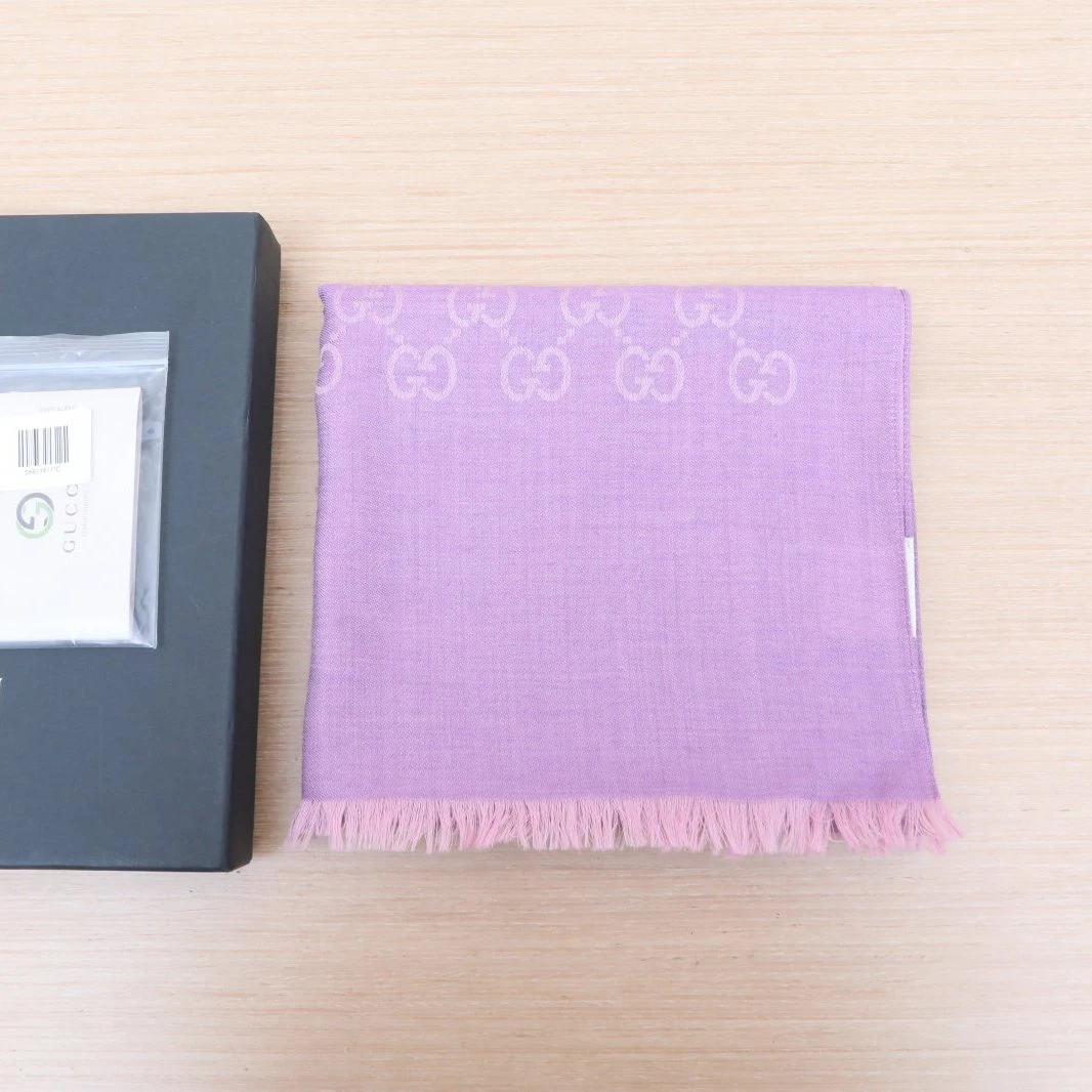 99新 GUCCI/古驰 小花Jerry活动紫色 羊毛 桑蚕丝 GG LOGO 围巾
