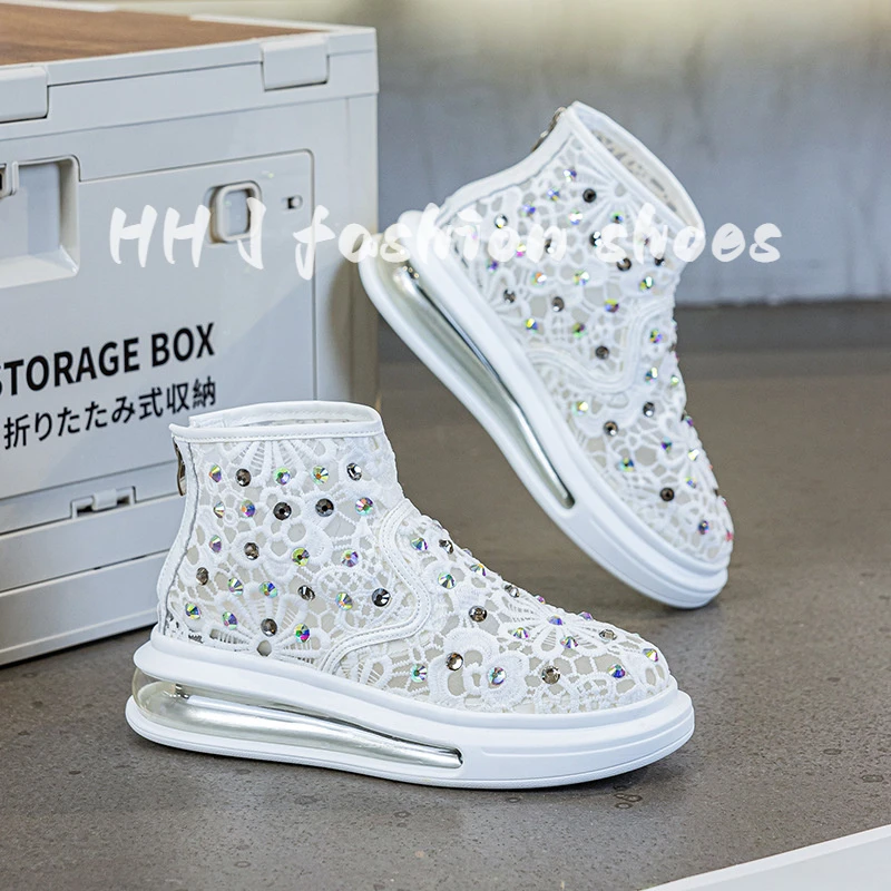 气垫高帮小白鞋女2025夏季新款网纱水钻亮片透气休闲运动松糕凉靴