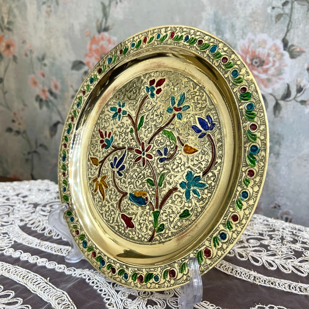 手工彩绘雕花铜果盘直径20厘米甜品首饰收纳盘茶几餐桌托盘摆件