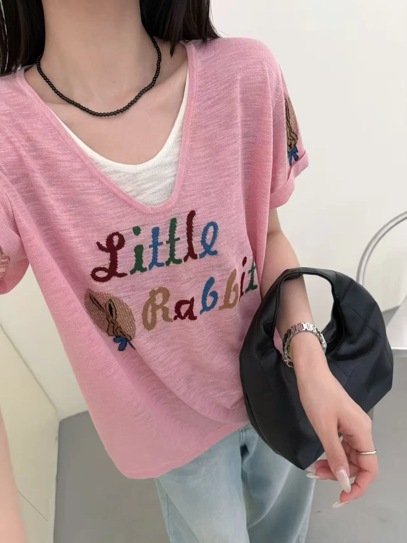 夏季新款针织短袖衫提花通勤风薄款潮牌女V领韩版纯欲辣妹风套头