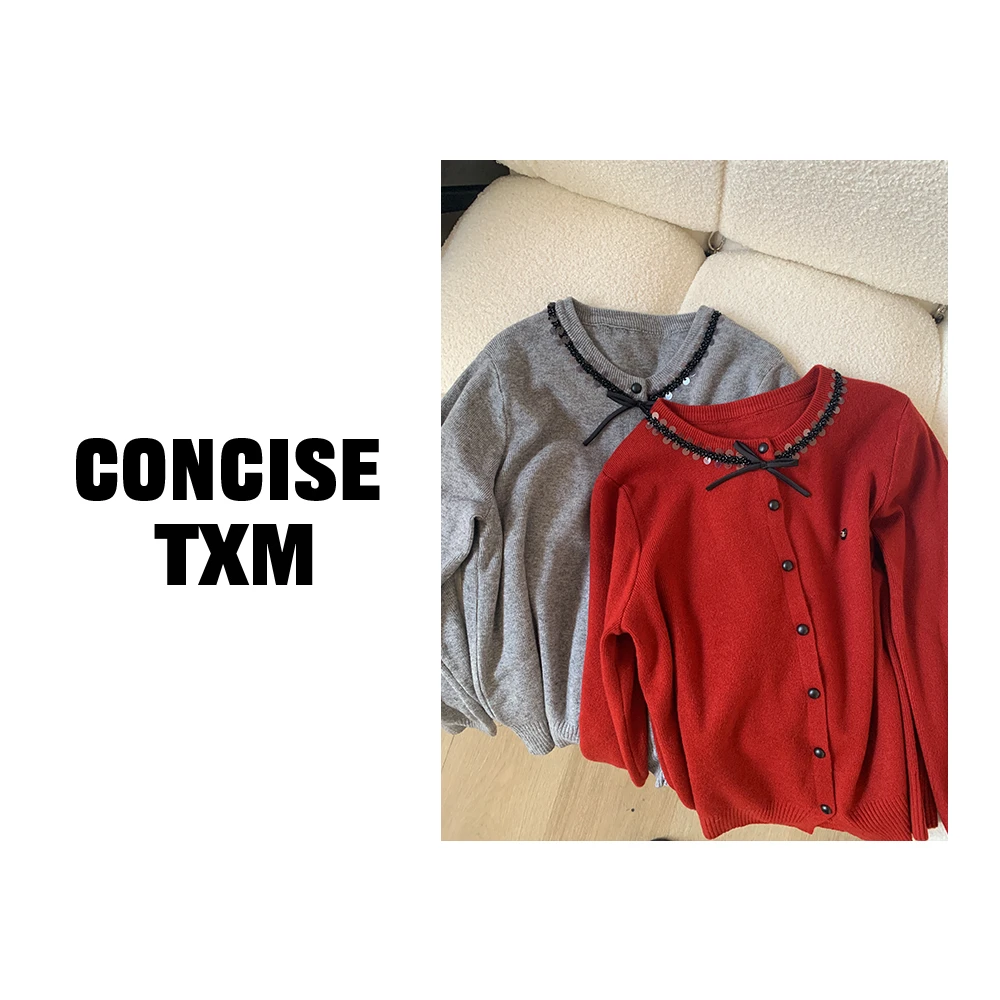 【唐小木】蝴蝶结亮片针织开衫 纯色温柔宽松针织百搭毛衣 S1255