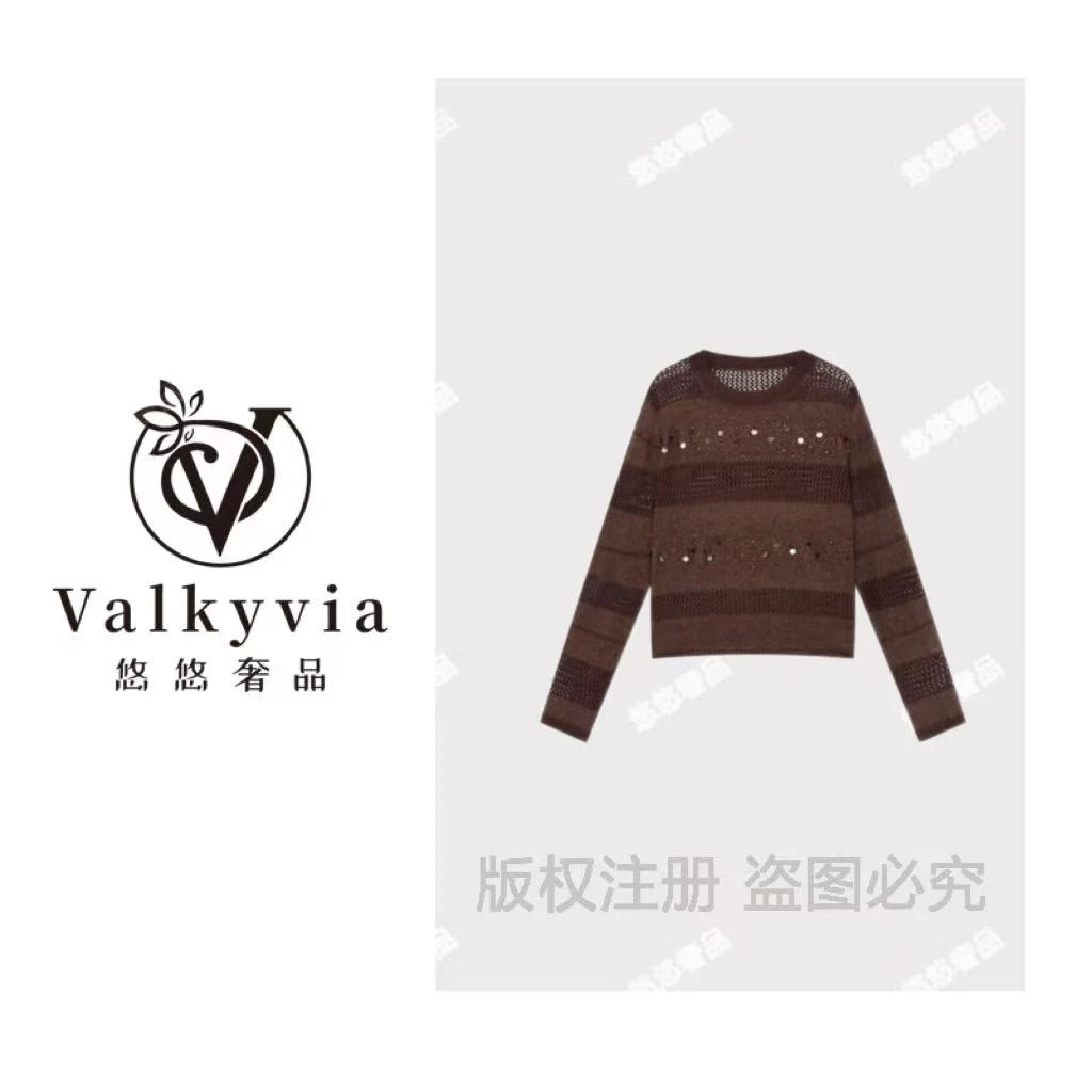【Valkyvia/悠悠奢品】早秋薄款烫钻亮片显瘦慵懒风镂空针织上衣