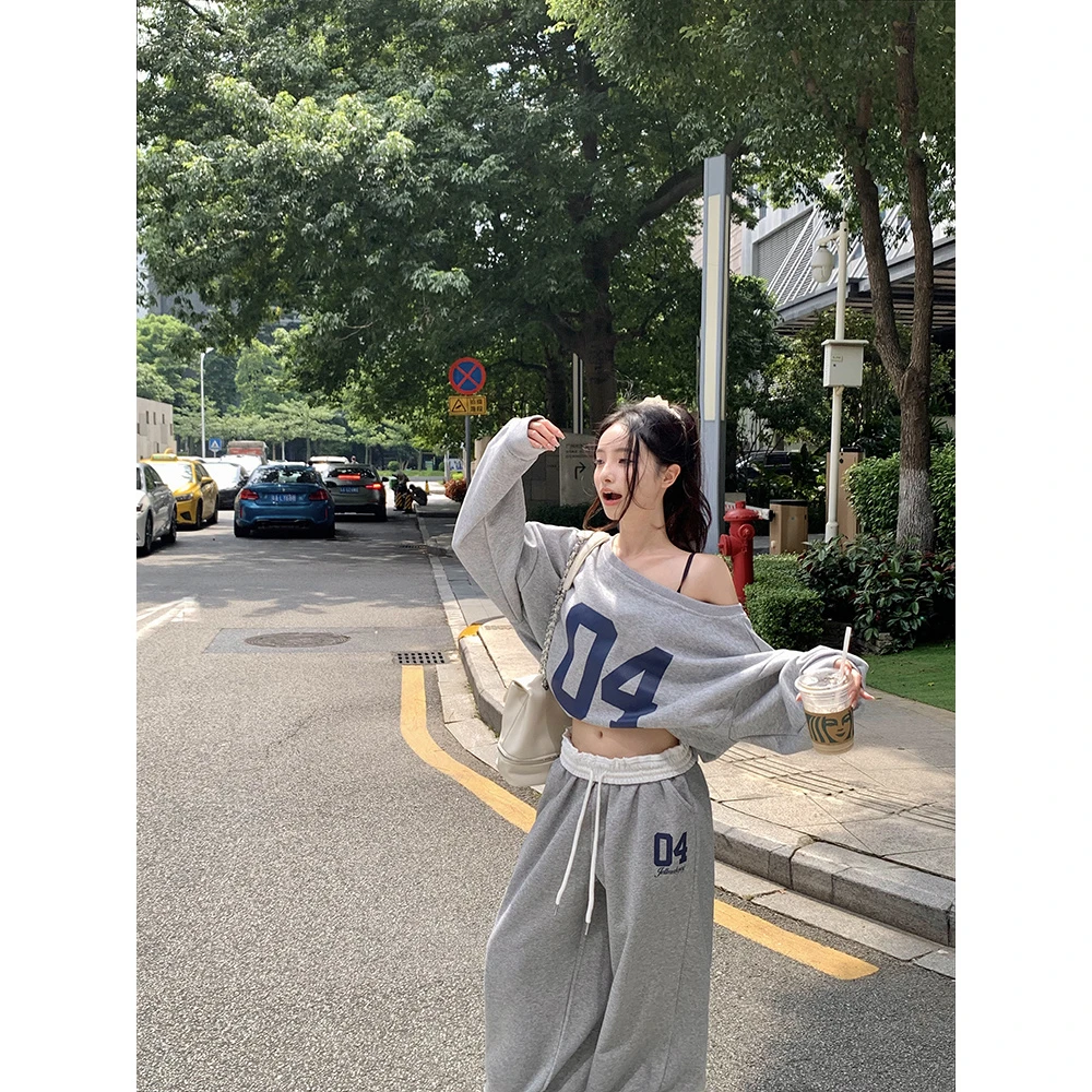 2025春秋美式斜肩数字设计感休闲长袖卫衣女宽松长裤两件套