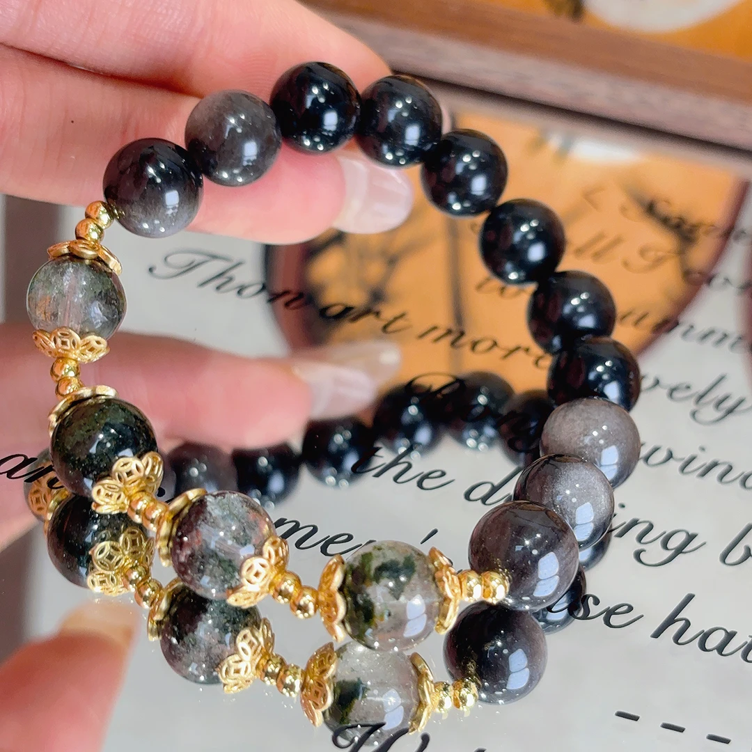 天然绿幽灵水晶黑曜石手串【田曦薇同款】