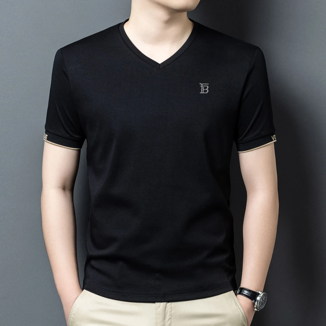 欧洲轻奢LUNBBLRRY夏季短袖t恤男士V领打底衫薄款潮流半袖上衣潮
