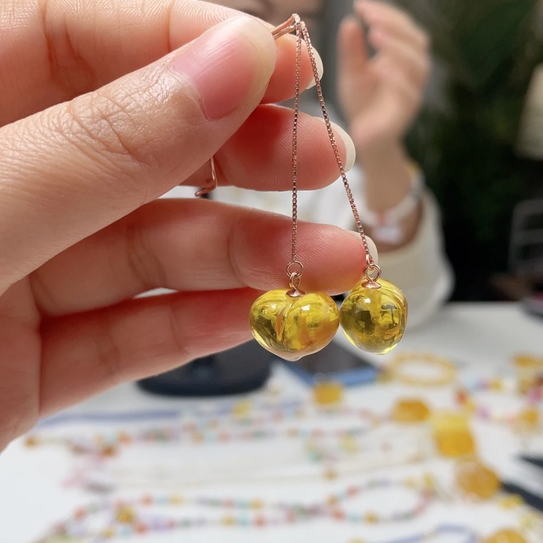 银S925镀金镶嵌琥珀裸石琥珀耳环