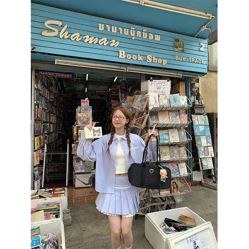 RAINY 蕾丝花边条纹衬衫套装夏季女宽松衬衣百褶高腰短裙两件套