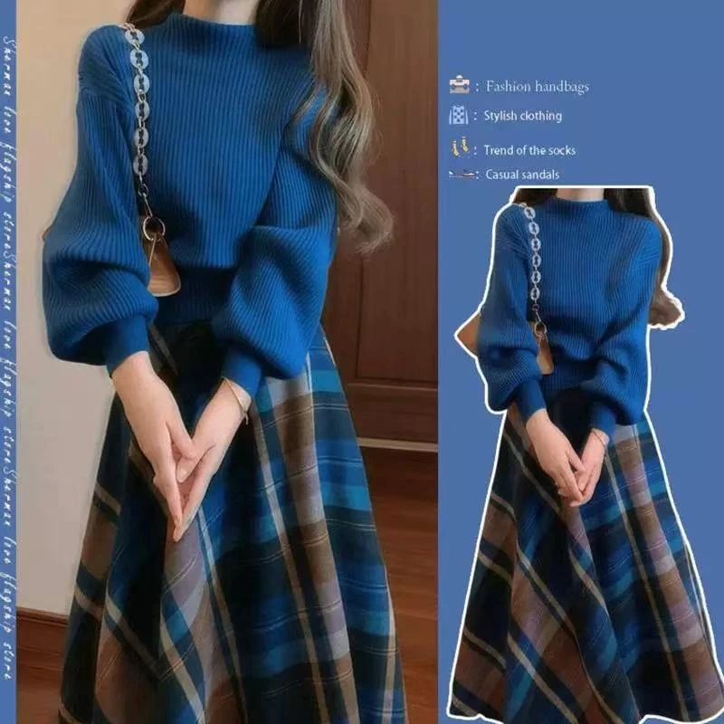 赫本风克莱因蓝毛衣女2025秋冬气质小香风女神范高级感套装
