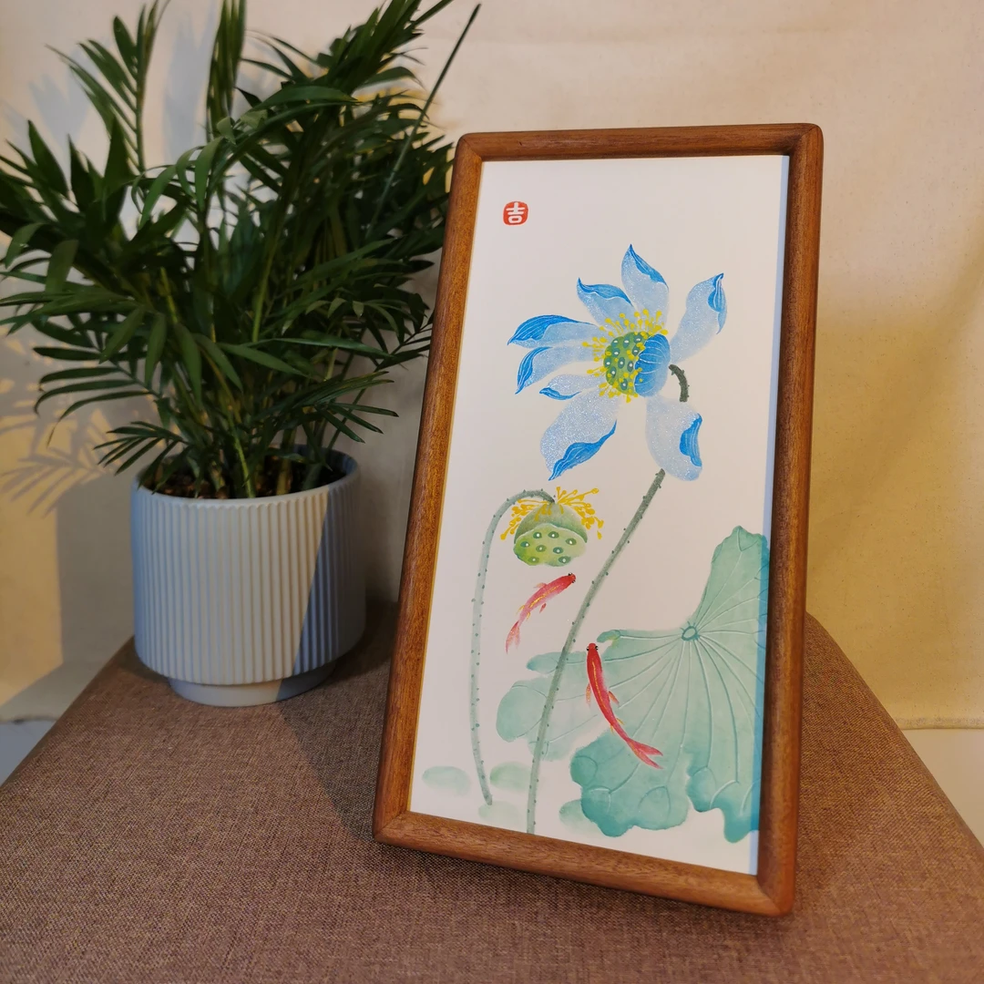 32*17深色实木框工笔没骨蓝莲花精品桌面陈设软装可摆可挂