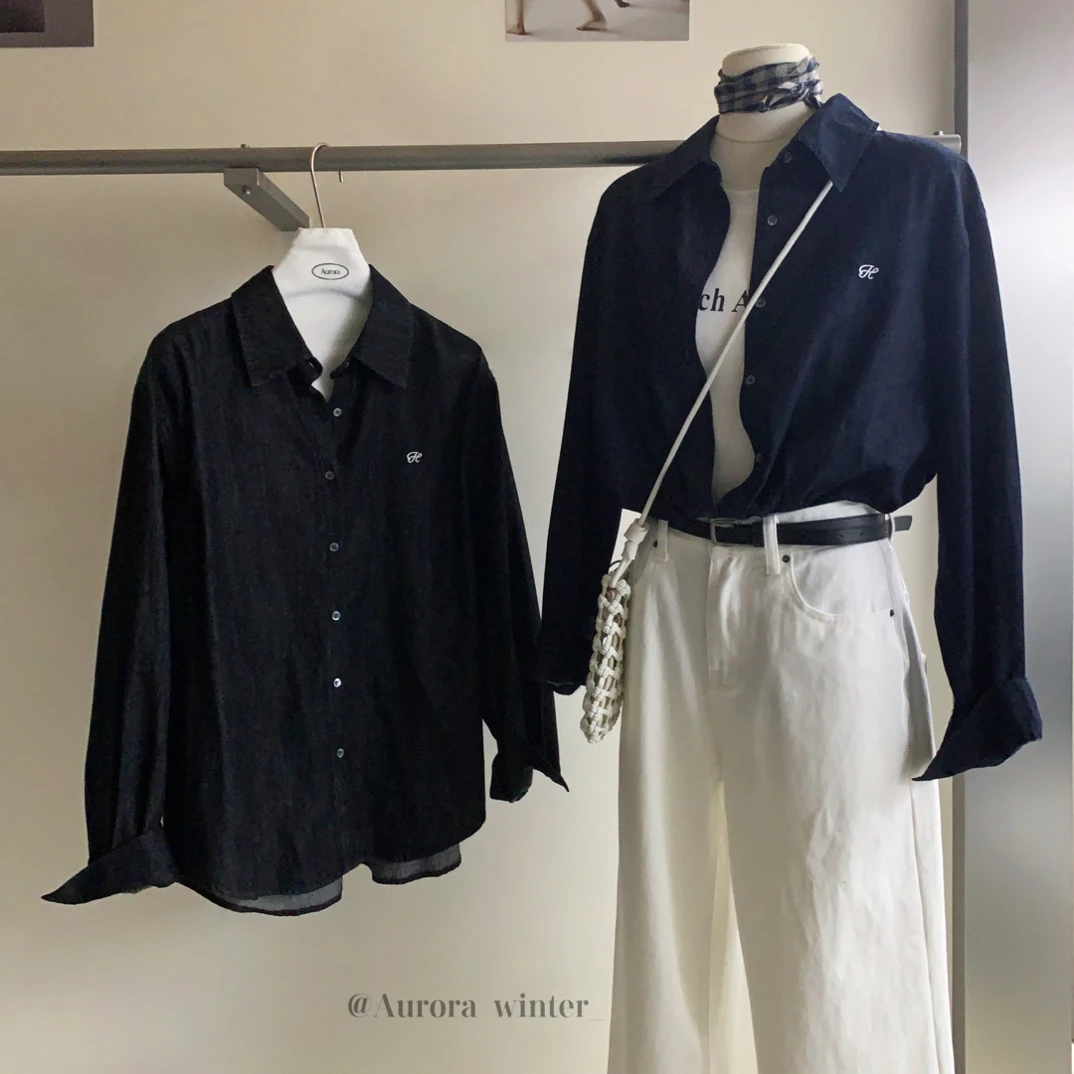aurora@3087 韩系百搭字母刺绣牛仔衬衫 8-6