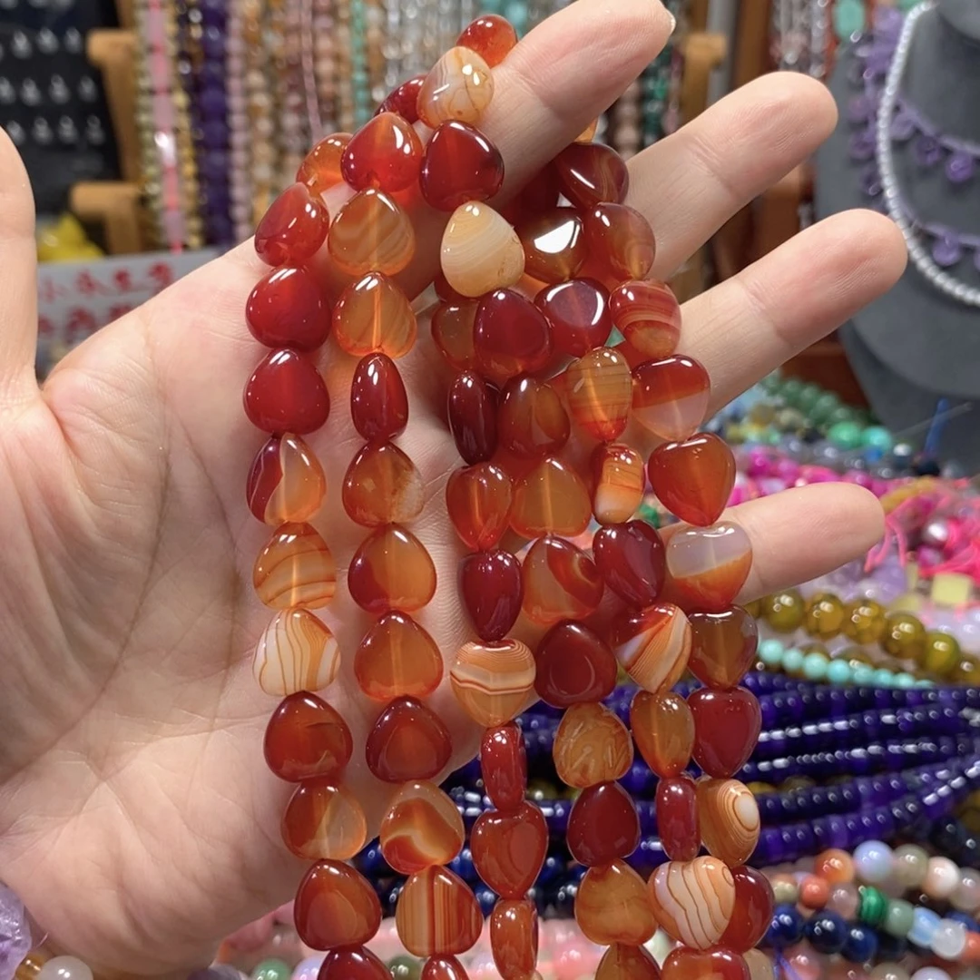 足银镀金镶嵌玛瑙/玉髓珠宝半成品玛瑙桃心一条卡12mm